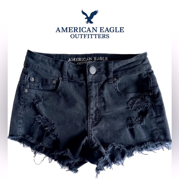 American Eagle Women’s Fringe Distressed Stretch Shorts Size 4 Black - Picture 1 of 11